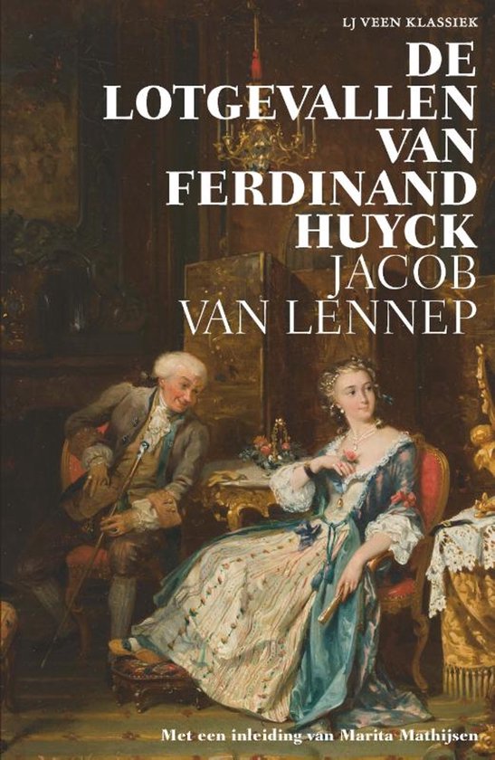 Boekomslag: 'De lotgevallen van Ferdinand Huyck'. Een man en vrouw in 18e-eeuwse kledij, met de titel en auteursnaam.