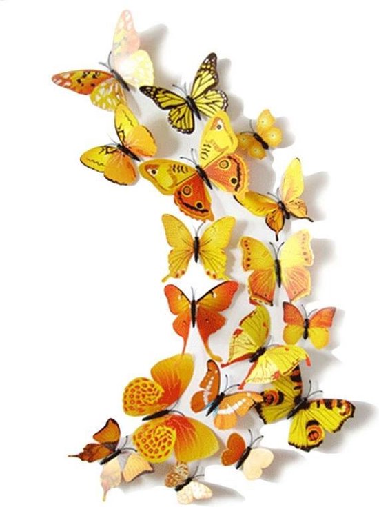 3D Natuurvlinders Geel (12 stuks) - Muursticker / Muurdecoratie voor Kinderkamer / Babykamer / Woonkamer