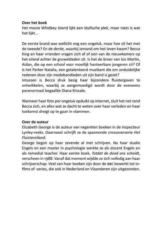 Pagina met tekst 'Over het boek' en 'Over de auteur'. 'Het mooie Whidbey Island lijkt een idyllische plek, maar niets is wat het lijkt... Elizabeth George is de auteur van negentien boeken.'