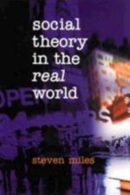 Boek "Social Theory In The Real World" van Steven Miles, met een paarse, onscherpe achtergrond van een stadsgezicht en neonreclames.