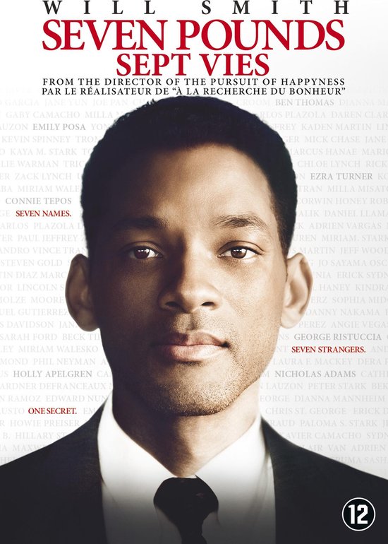 Will Smith dans la jaquette du DVD Seven Pounds, le titre en lettres rouges.