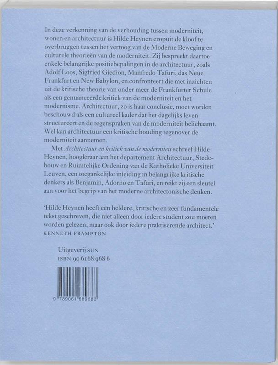 Boekomslag met tekst over architectuur en kritiek van de moderniteit, inclusief ISBN.