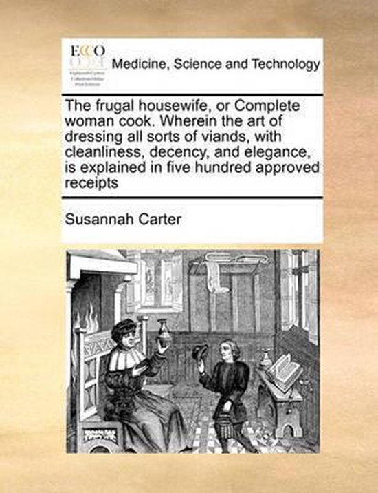 Boek 'The frugal housewife, or Complete woman cook' met illustratie van twee personen in een keuken.