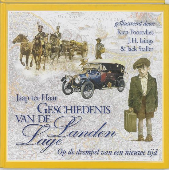 Een aquarel met cavaleristen, een auto, een jongen met een koffer en de titel 'Geschiedenis van de Lage Landen'.