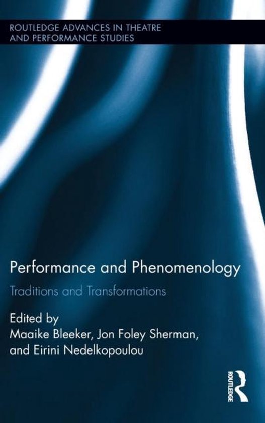 Boek 'Performance and Phenomenology', bewerkt door Maaike Bleeker, Jon Foley Sherman en Eirini Nedelkopoulou. Abstracte blauwe achtergrond.