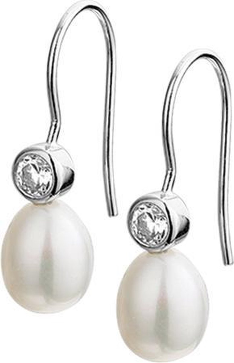 The Jewelry Collection Oorhangers Franse Haak Parel En Zirkonia - Zilver Gerhodineerd
