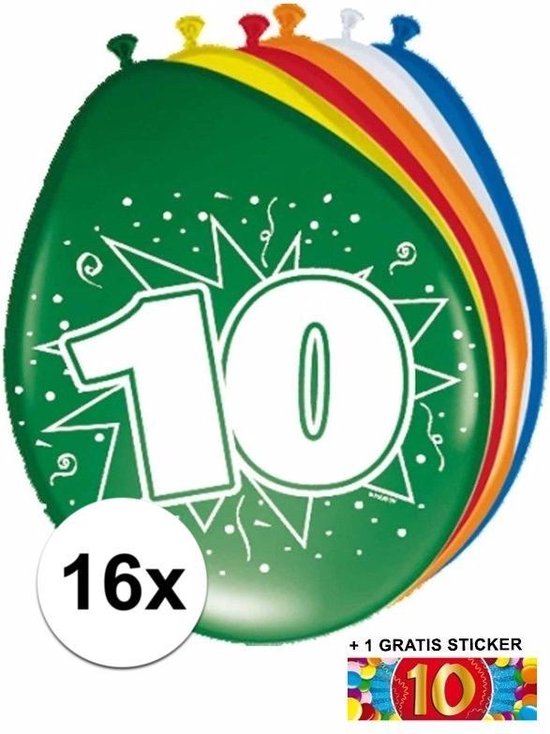 Ballonnen 10 jaar van 30 cm 16 stuks + gratis sticker