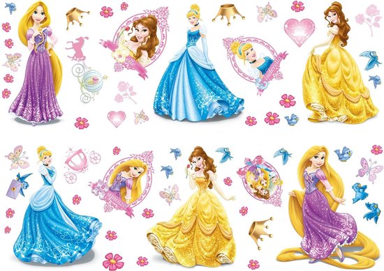 Disney Prinses muurstickers met Rapunzel, Assepoester en Belle in iconische jurken, omringd door bloemen en accessoires.