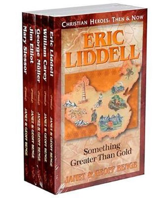 Een set van vijf boeken in de serie "Christian Heroes: Then & Now", met op de voorgrond een afbeelding van Eric Liddell en de titel "Something Greater Than Gold".