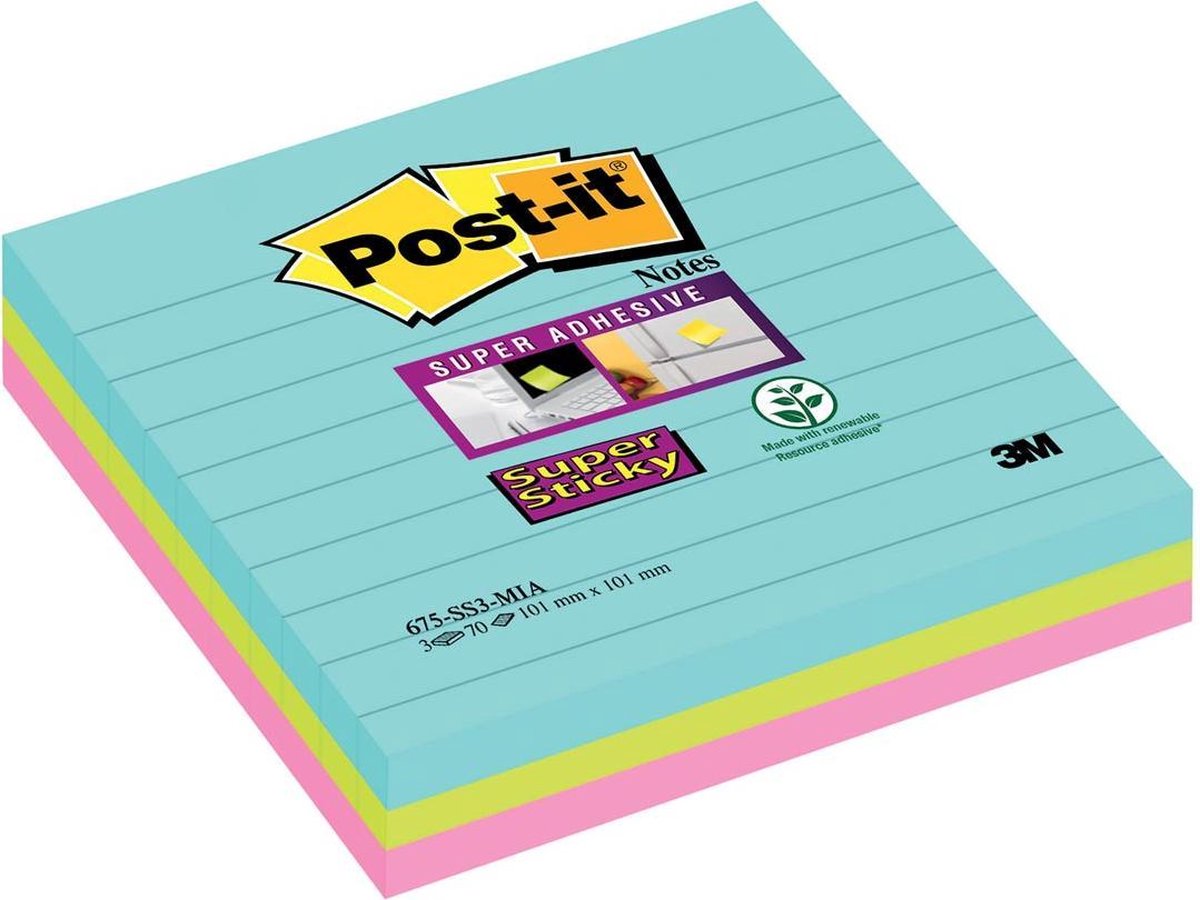 3m Post It Super Sticky Notes Gelijnd Miami 101 X 101 Mm 3 Pack 2508
