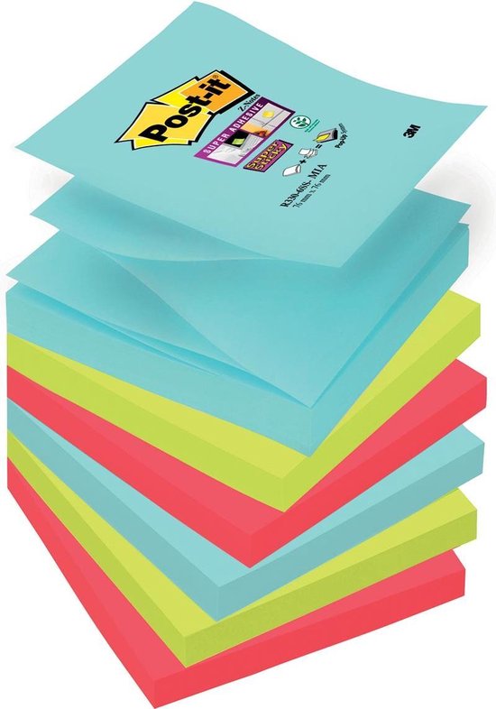 Foto: Post it super sticky z notes kleurenset miami 2x aquawave 2x neon groen 2x poppy