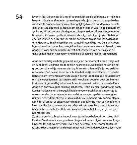 Pagina met tekst over tijd en werk-privé balans. Inclusief paginanummer 54.