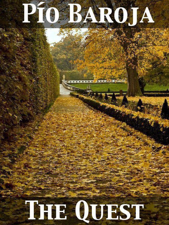 De titel 'PÍO BAROJA THE QUEST' op een pad bedekt met herfstbladeren.