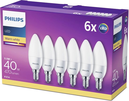 Philips LED Kaars Mat - 40 W - E14 - warmwit licht - 6 stuks - Bespaar op energiekosten