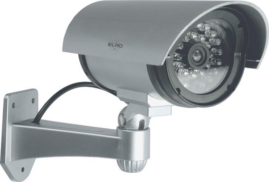 Zilverkleurige dummy camera met 30 LED's en bevestigingsbeugel, op witte achtergrond.