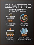 Iconen met tekst: Quattro Force, Activespeed Grinder, Brewing Optimizer, Ult<bos>flat Tamping, Auto Autoclean Pressure System.