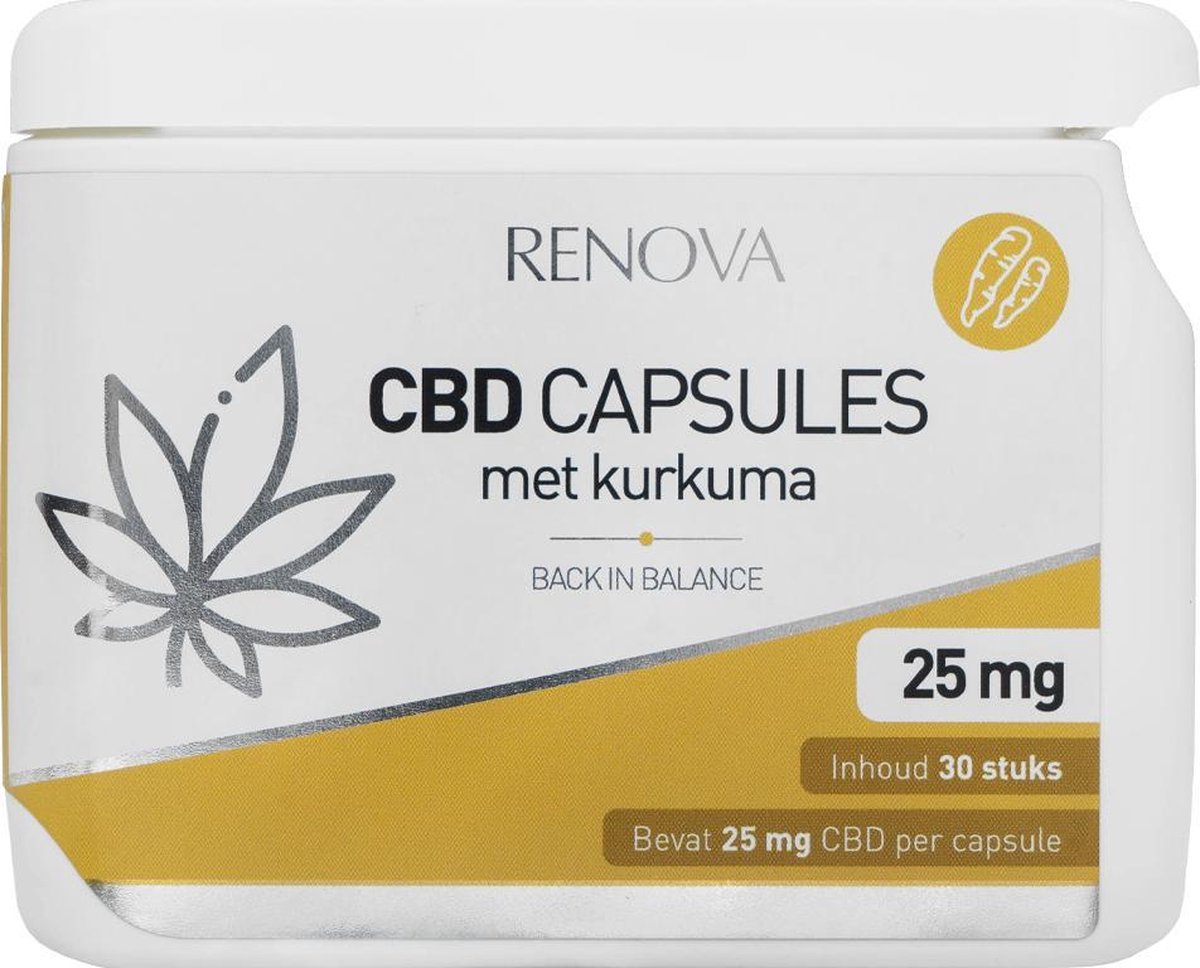 Goedkoopste Renova CBD capsules 15 met kurkuma (30 stuks) - 25mg CBD 10 mg kurkuma - cannabidiol - hennep