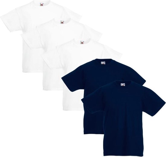 5x Fruit of the Loom Kinder t-shirts origineel wit/marineblauw maat 140