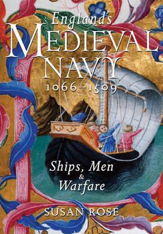 Boekomslag van England's Medieval Navy met een middeleeuwse illustratie van een schip met zeelieden op een gouden achtergrond.