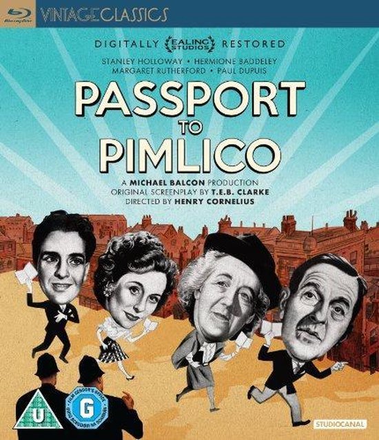 Blu-ray hoes: Passport to Pimlico (1949), met digitale restauratie. Vier hoofden van acteurs boven een straatbeeld, Ealing Studios.