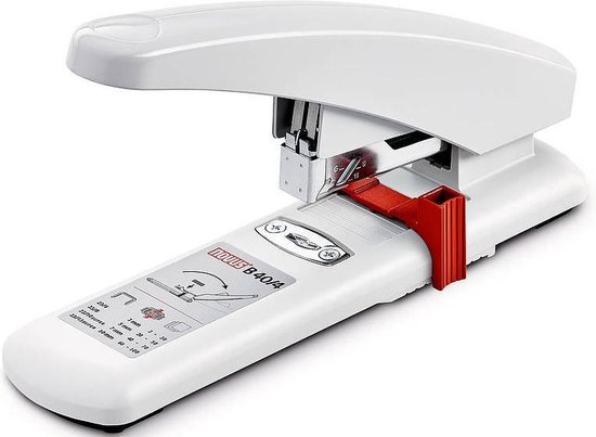 Witte Novus nietmachine met rode hendel en instructies op de basis.