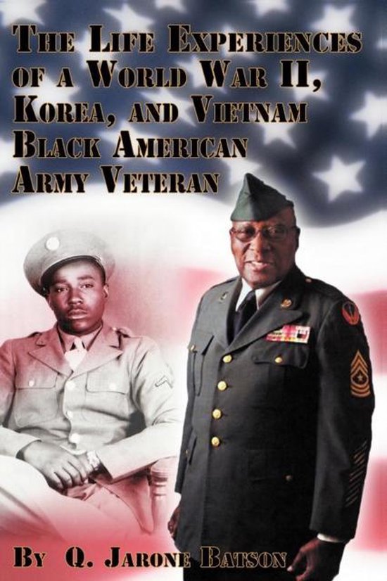 Boekomslag met een zwarte Amerikaanse veteraan in militair uniform, voor een Amerikaanse vlag.