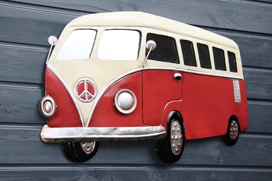 duim Roest Wat is er mis Metalen wanddecoratie volkswagen bus rood creme met spiegelglas - 80 x 47  cm | bol.com