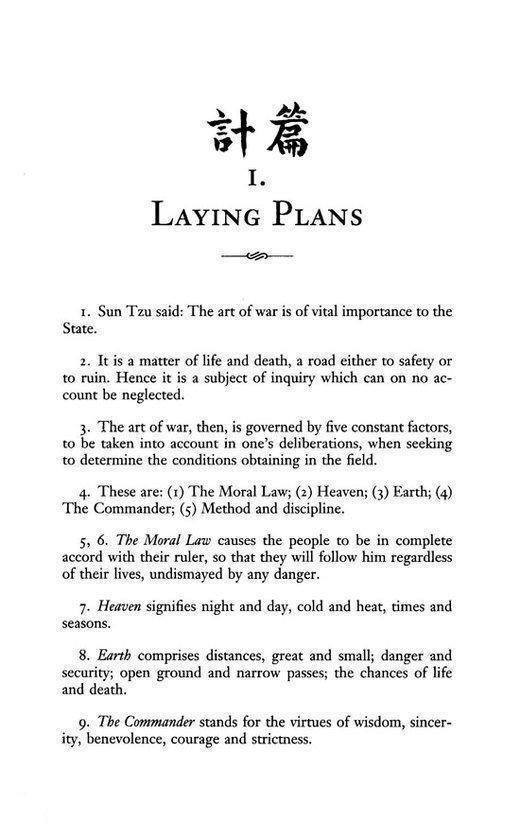 Titelpagina van "The Art of War" met de hoofdstukken "Laying Plans".