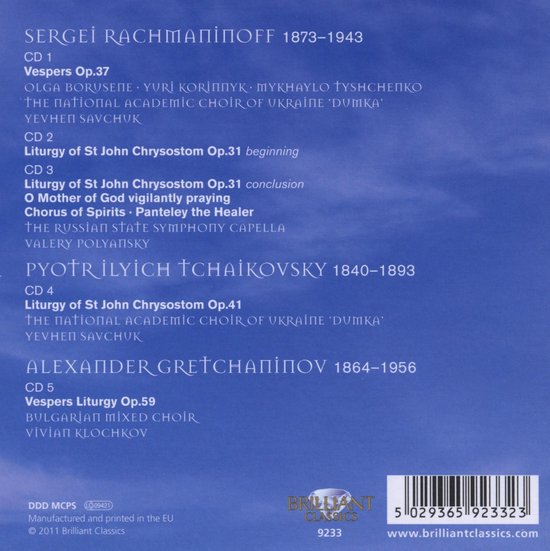 CD hoes met lijst van composities van Rachmaninoff, Tsjaikovski en Gretchinaninov. Inclusief koor- en orkestnamen.