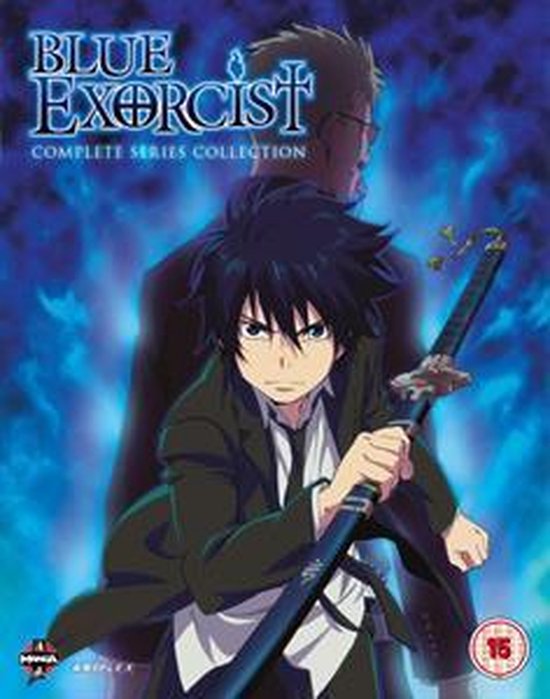 De Complete Series collectie van Blue Exorcist met anime-personages Rin Okumura en Shiro Fujimoto. Rin houdt een zwaard vast.