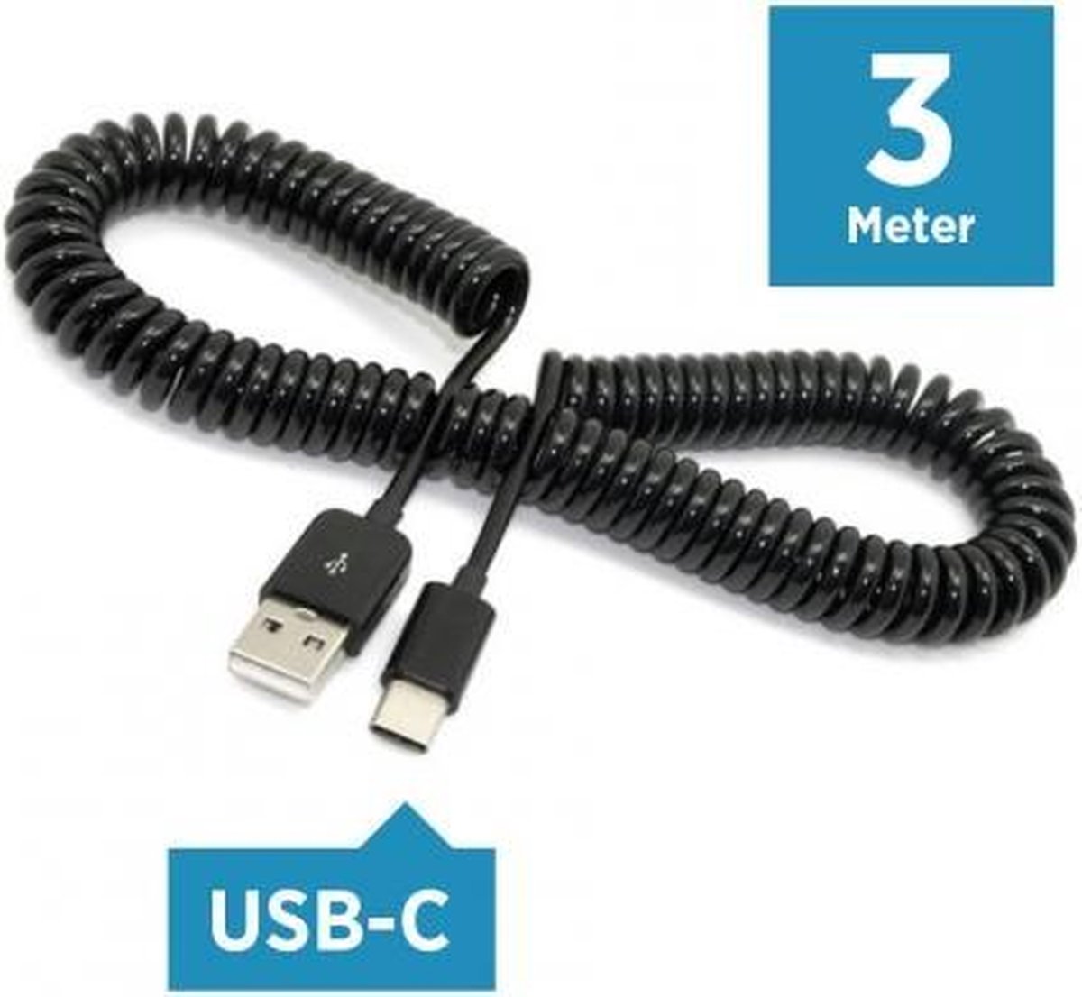 KEES USB-C naar USB Kabel met Krulsnoer Zwart (3 meter) | bol.com