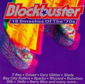 CD-hoes Blockbuster 18 Smashes Of The '70s met glitterplateauschoenen en gele broek op paarse achtergrond.
