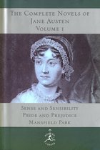 De omslag van 'The Complete Novels of Jane Austen Volume I'. Toont een schilderij van Jane Austen met de titels 'Sense and Sensibility', 'Pride and Prejudice' en 'Mansfield Park'.