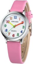 Basic kinderhorloge - kleurrijke wijzerplaat - kunstlederen band - roze - 30 mm - I-deLuxe verpakking