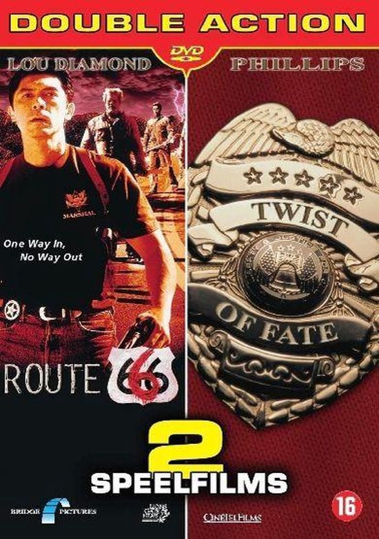 DVD-hoes met twee films: "Route 66" met Lou Diamond Phillips als marshal en "Twist Of Fate" met een politiebadge.