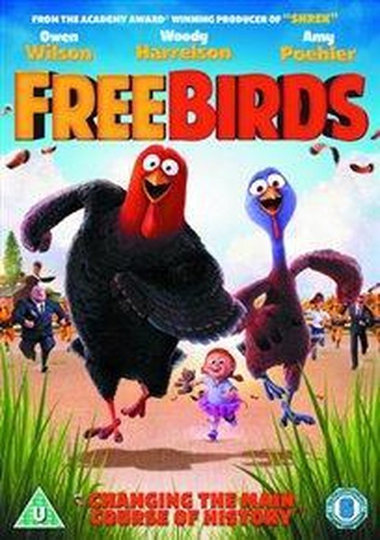 De poster van de film 'Free Birds' met twee tekenfilmvogels, een rode en een blauwe, die op de voorgrond rennen, en met de titel in grote letters.