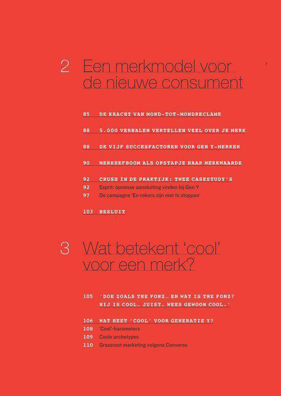 Rode pagina met titels van hoofdstukken: 'Een merkmodel voor de nieuwe consument' en 'Wat betekent ‘cool’ voor een merk?'