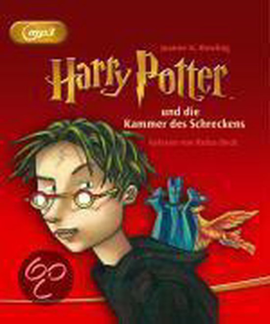 Harry Potter en de Geheime Kamer boekcover met illustratie van Harry en een feniks op een rode achtergrond.