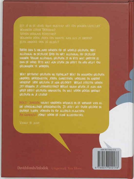 Boekomslag met tekst over verschillende geloven, uitgegeven door Davidsfonds/Infodok.
