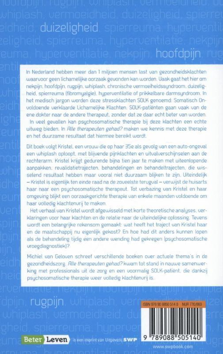 Boekomslag met tekst in verschillende kleuren en maten, met een barcode.