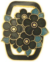 Behave® Dames Broche rechthoek bloemetjes zwart blauw - emaille sierspeld -  sjaalspeld  4,3 cm