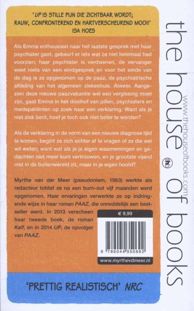 Achterkant boek 'Up' met prijs €9,99, ISBN en website Myrthevandermeer.nl.