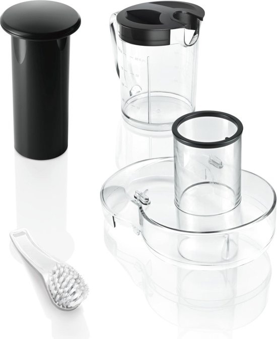 Onderdelen van de Bosch sapcentrifuge: zwarte pulpcontainer, glazen sapkan, zeef en borstel.