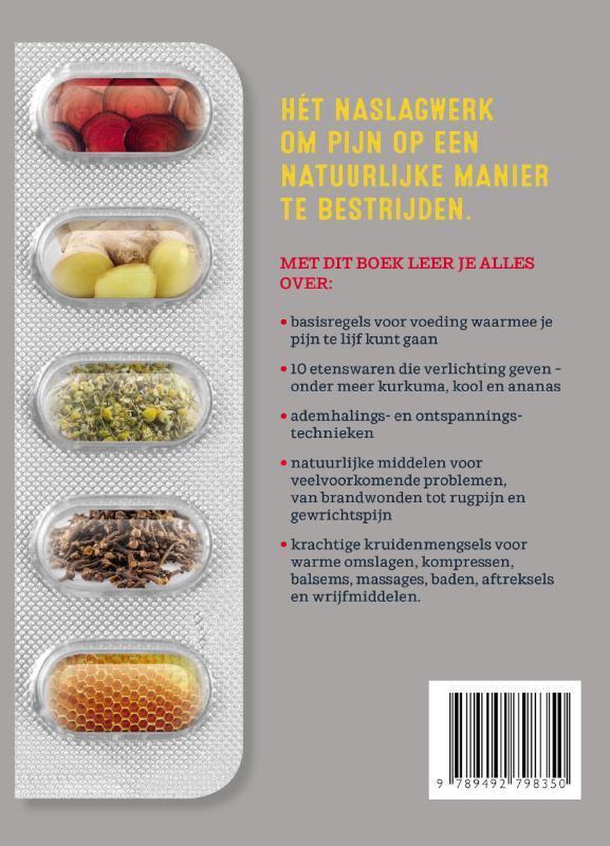 Boekomslag met pillenstrip van vijf pillen gevuld met natuurlijke ingrediënten zoals wortel, gember, kruiden en bloemen.