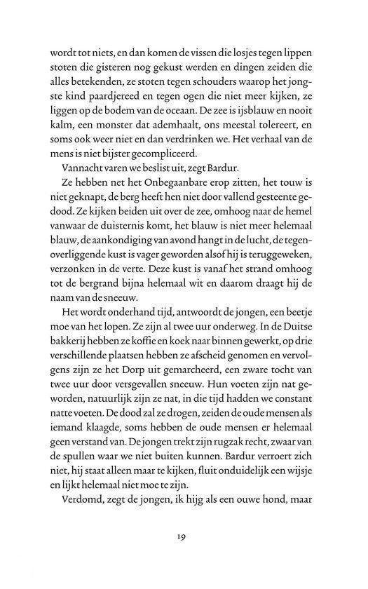 Tekstpagina met beschrijving van de zee, ijsblauwe wateren, monster, duisternis, sneeuw, nacht, berg, hemel, kust, strand, zeeschelpen en puppy's.