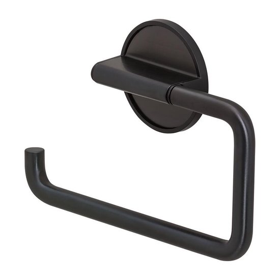 Porte-rouleau de toilette noir avec bras incurvé et plaque murale ronde.