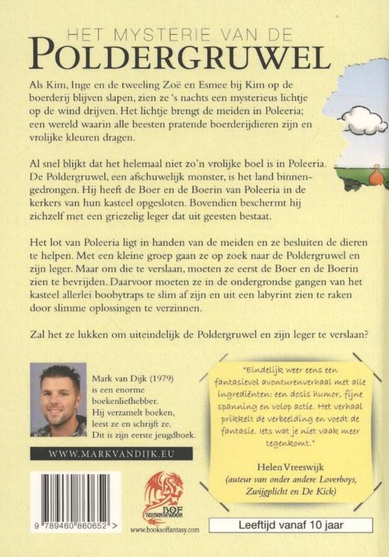 Boek "Het Mysterie van de Poldergruwel" met een illustratie van een landschap met kleurrijke huizen en een monster.