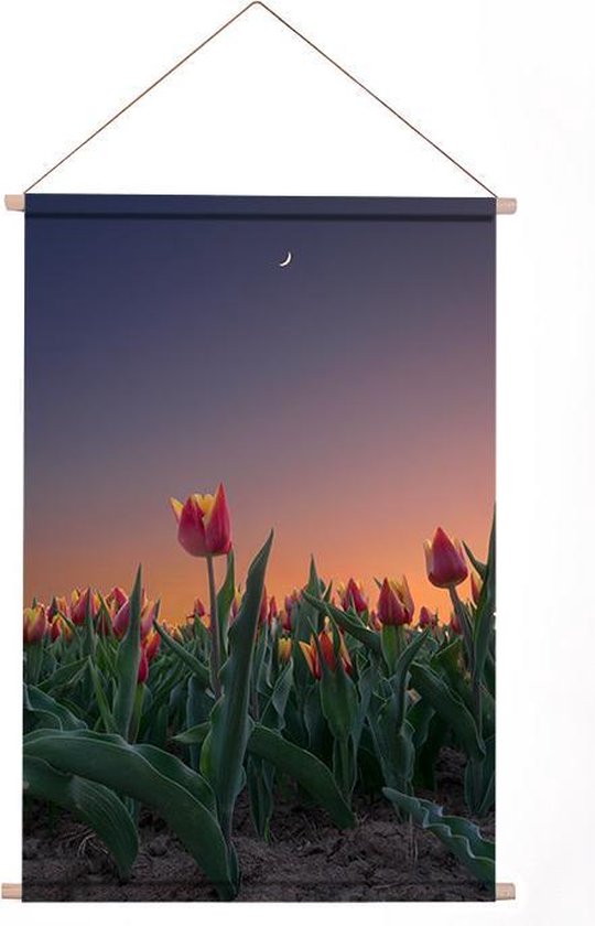 Ideasonthefloor.com - Textiel Poster - Bloemen - 60x90 cm (bxl) - Tulpen Veld met Maan en Avondzon