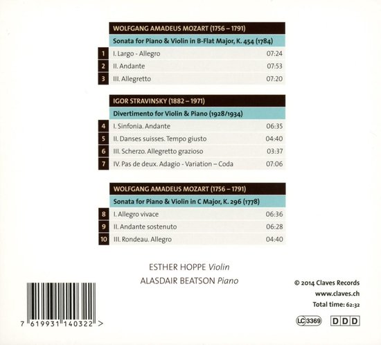 Achterkant van cd met tracklijst voor Mozart en Stravinsky. Bevat Esther Hoppe viool en Alasdair Beatson piano.
