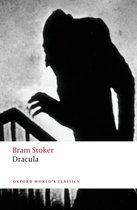 Boekomslag van Bram Stokers Dracula, met een schaduwfiguur van graaf Dracula die een trap opklimt.